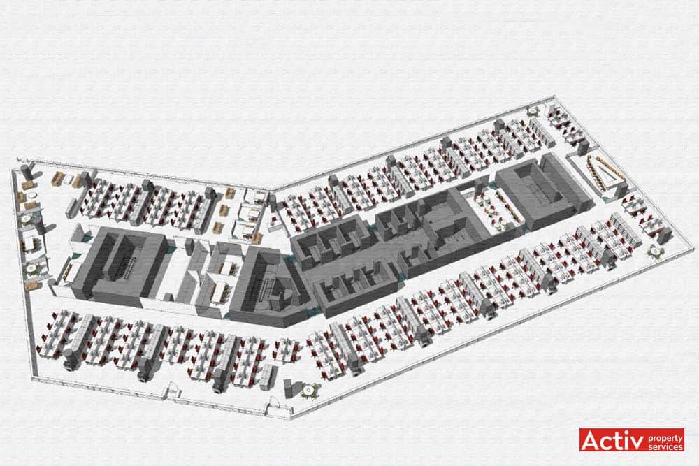 Campus 6 spatii birouri Bucuresti vis-a-vis metrou Politehnica - plan etaj cu propunere layout in cladire in constructie